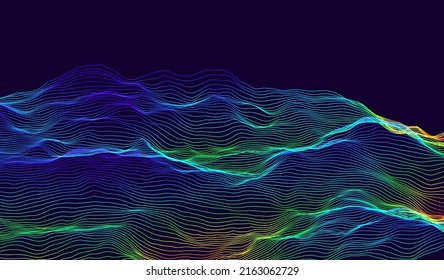 Colorful Lines Dark Music Equalizer Abstract Background. Wave Thin Lines Curve Pattern Background. Minimal Contour Lines Texture. Abstract Vector Illustration.