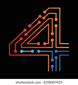 Colorful lines and dots form the number four, symbolizing electronic connections, circuits, and digital networks