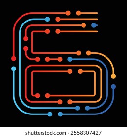 Colorful lines and dots forming number six on black background, representing digital connections, network, or circuit