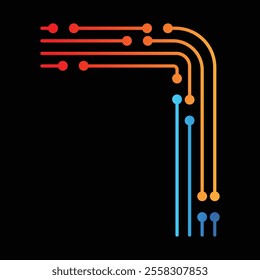 Colorful lines and dots forming number seven on black background, representing digital connections, network, or circuit