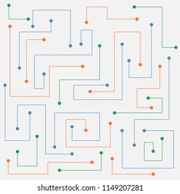 Colorful lines with dots on both sides and bending in different directions