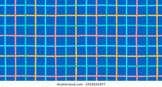 Colorful lines grid seamless vector pattern. Hand-drawn raw crossed lines pattern background. Gender neutral plaid design with yellow, blue, pink, green stripe lines on a blue background.