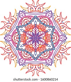Colorful lines mandala design. Blue, orange, pink and red colors. Relax and meditation ornament, card, banner or you want. 