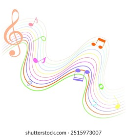 Líneas coloridas y notas musicales, elemento musical abstracto, Ilustración vectorial.