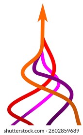 Colorful lines in orange with red and purple intertwine and converge to form single upward pointing arrow against on white background, Arrows in same direction rising to suggesting growth or progress