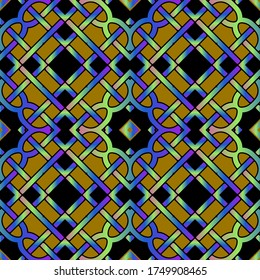 Farbige Linien nahtloses Muster. Keltische Ornamente. Wiederholen Sie die gebogene Rasterhintergrund. Ethnische Stamm-Stil Linie Kunst Blumendekorationen. Farbverlauf-Vektordesign. Abstrakte Formen, Knoten, Konturen, Blumen.