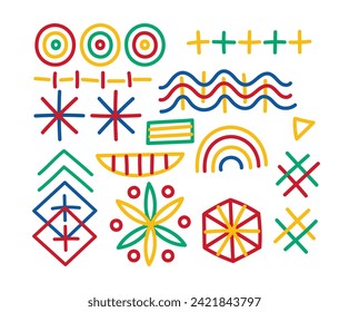 Colorful lines set. Abstract minimalistic creativity and art. Yellow, red and green patterns and ornaments. Rainbow and arrows. Cartoon flat vector collection isolated on white background