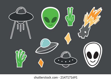 Colorful lines set of icons with patches stickers with stars of alien UFO spaceships. Modern vector style mascot logo fashionable print on children's clothing T-shirt sweatshirt poster.