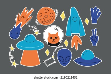 Colorful lines set of icons with patches stickers with stars of alien UFO spaceships. Modern vector style mascot logo fashionable print on children's clothing T-shirt sweatshirt poster.