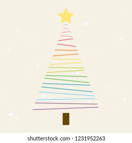 colorful lines in the shape of christmas' tree with a huge yellow star and white glitters. rainbow and pastel color concept. vector illustration.