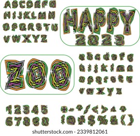 Colorful lines and shapes of alphabet letters and numbers. Abstract letter or alphabetical font. Vector illustration.