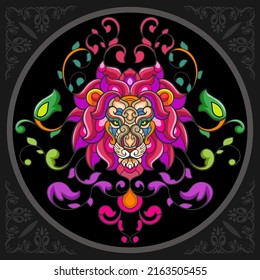 Colorful lion head cartoon zentangle arts. isolated on black background.