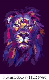 colorful lion head illustration on dark background. -vector
