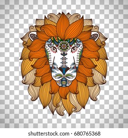 Colorful lion head logo in boho style isolated on transparent background. Vector illustration