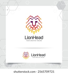 Colorful lion head logo with pixel vector in modern style. Lion face vector illustration. 