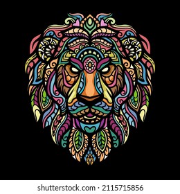 Colorful lion head mandala arts, isolated on black background