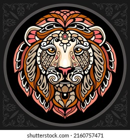 Colorful lion head mandala arts. isolated on black background.