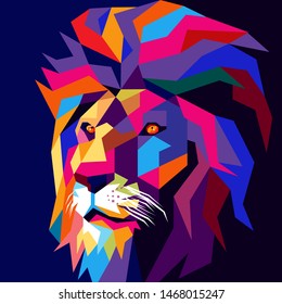 Colorful lion head, modern pop art style, with a dark blue background. - Vector.