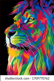 colorful lion head on pop art style isolated with black backround