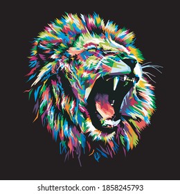 colorful lion head on pop art style isolated with black backround