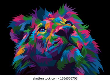 colorful lion head on pop art style isolated with black backround