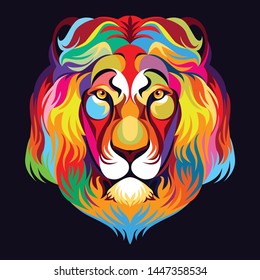 Colorful lion head with pop art style, black background. - Vector.