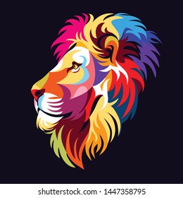 Colorful lion head with pop art style, black background. - Vector.