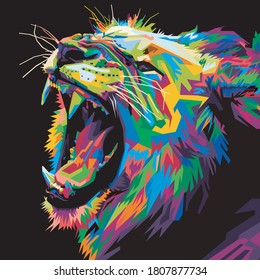 colorful lion head in pop art style isolated on black background. vector illustration