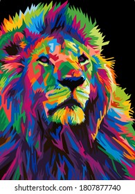 colorful lion head in pop art style isolated on black background. vector illustration