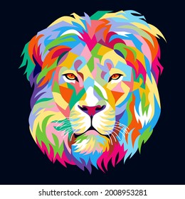 colorful lion head in pop art style on dark background - vector