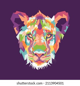 colorful lion head in style pop art portrait.