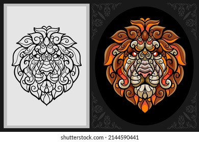Colorful lion head zentangle art with black line sketch isolated on black and white background