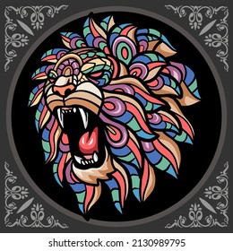Colorful lion head zentangle arts, isolated on black background