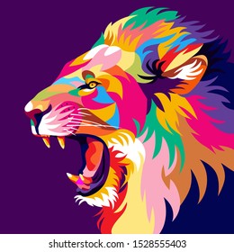 Colorful lion illustration, creative design, elegant, modern pop art style, dark background. - Vector.