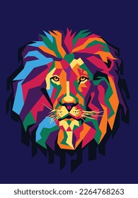 Colorful lion, in modern pop art style, dark blue background. - Vectors.