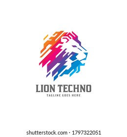 Colorful Lion Techno Logo Design - Abstract Digital Lion Vector Icon - Animal Symbol Illustration