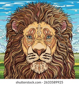 Colorful lion.Coloring book antistress for children and adults.Color version. Hand draw