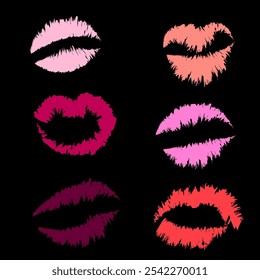 Colorful lip prints. Multicolor kiss marks. Love symbol on black. Vector illustration.