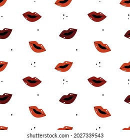 Colorful lips with different lipstick colors and dots vector seamless pattern background for make up and fashion design.