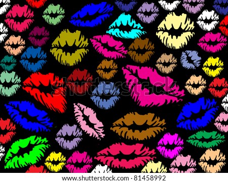 Colorful lips print on black texture background, vector illustration