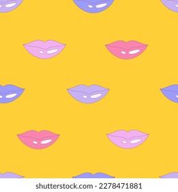 Patrón sin costuras de labios coloridos. El pintalabios de besos brillantes repiten el fondo en un estilo retro a la moda. Colores vivos de labios brillantes para cosméticos, textiles, diseño de superficie