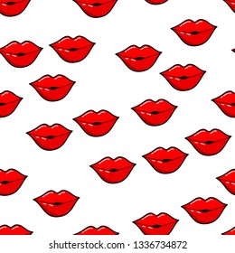 Colorful lips seamless pattern on white background. Paper print design. Abstract retro vector illustration. Trendy textile, fabric, wrapping. Modern space decoration.