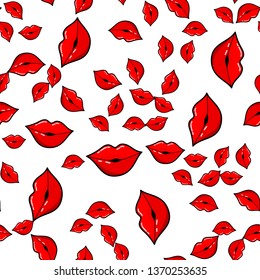 Farbige Lippen, nahtloses Muster auf weißem Hintergrund. Papierdruckdesign. Abstrakte Retro-Vektorgrafik. Trendfarbene Textilien, Gewebe, Umhüllung. Moderne Raumgestaltung.