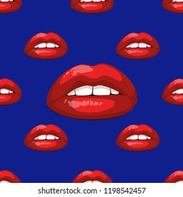 Colorful lips seamless pattern, pop art background, vector illustration, lipstick kiss. Fashion wallpaper texture.