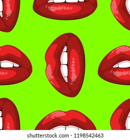 Colorful lips seamless pattern, pop art background, vector illustration, lipstick kiss. Fashion wallpaper texture.