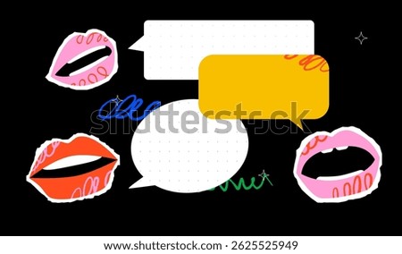 Colorful lips and speech bubbles scattered on a black background with abstract drawings and stars. A symbol of conversation, expression and communication.