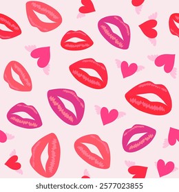 Colorful lipstick kisses and hearts pattern background for decoration and design projects. Seamless pattern.