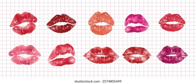 Colorful lipstick prints on grid paper. Various shades of lipstick prints. Red, pink, and orange lipstick prints in a pattern. Lipstick prints on paper. Element vector collection.