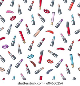 Colorful lipsticks, lip gloss, lips and smears seamless pattern. Beauty vector background.