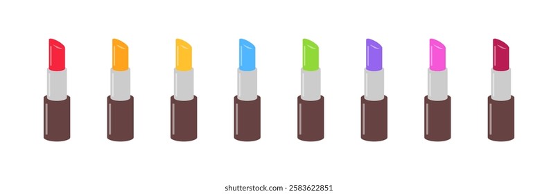 Colorful lipsticks in a row: red, orange, yellow, blue, green, purple, pink variety. Vector icon